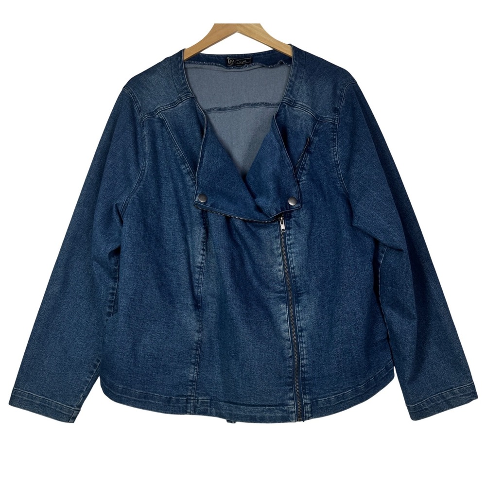 DG2 Diane Gilman Womens 1X Blue Denim Moto Jacket Stretch Biker Casual Classic